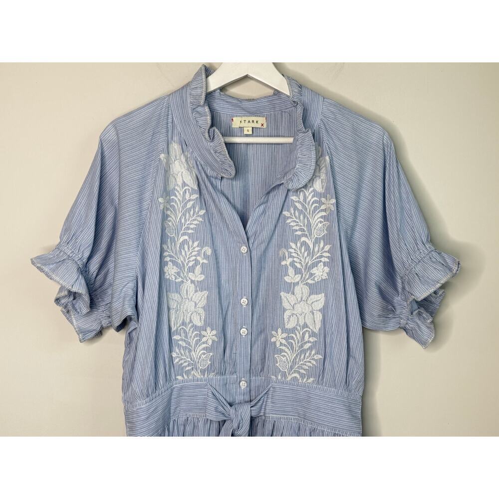 Stark Embroidered Ruffle Trim Short Sleeve Mini Shirtdress Blue White Women's S - Picture 3 of 10